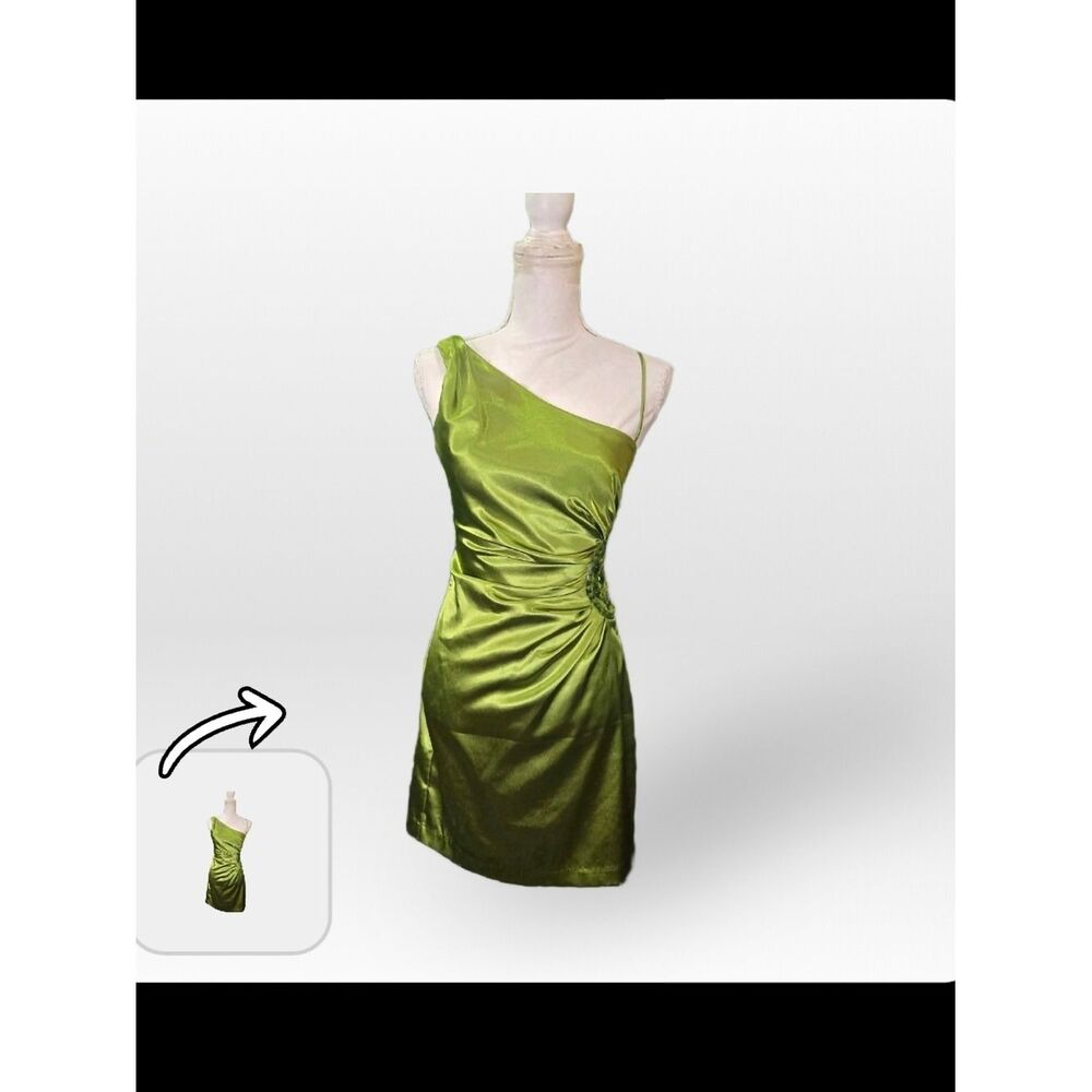 Y2K VINTAGE Teeze Me Lime Green One-Shoulder Satin Asymmetrical Dress